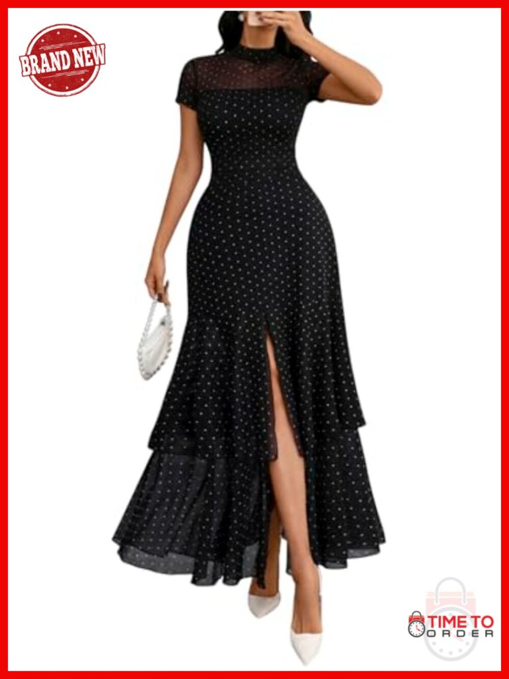 Women's Mesh Ruffle Polka Dot High Waist Maxi Dress Wedding Guest Party